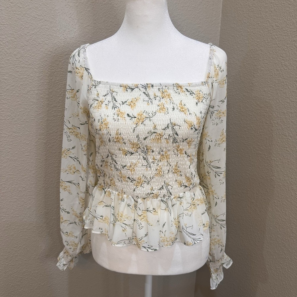 Lucy Paris Yellow Floral Smocked Top Ruffle Hem Balloon Sleeve M Cottage Prairie